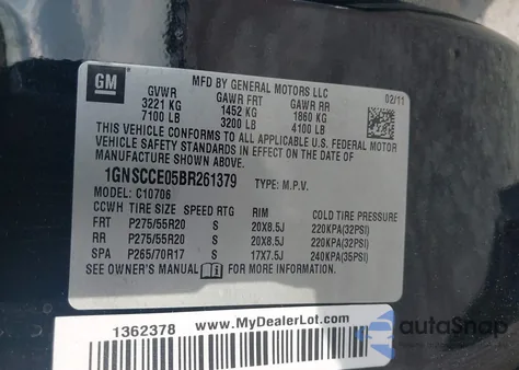 2011 Chevrolet Tahoe Ltz из США, поврежденный, VIN 1GNSCCE05BR261379